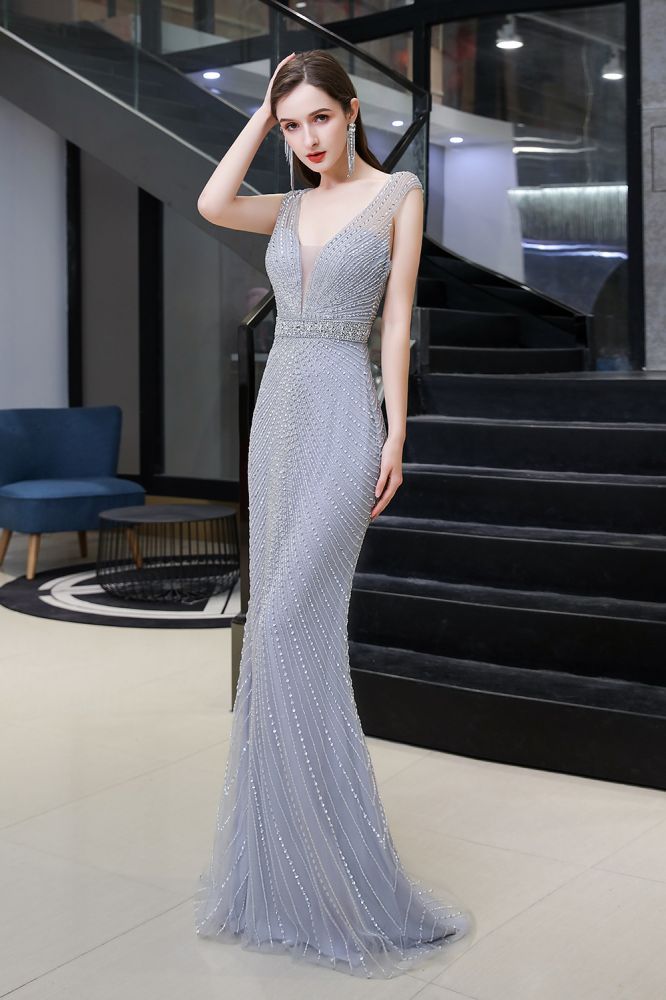 Sexy Mermaid V-neck Silver Mermaid Prom Dress