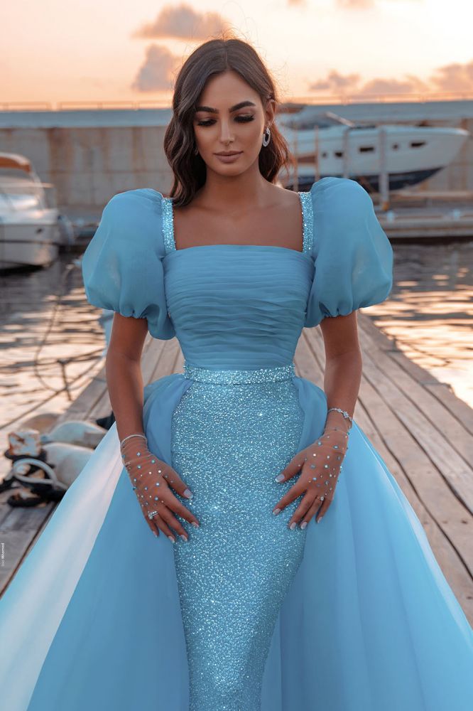 Bright Blue Puffy Sleeve Mermaid Prom Dress with Detachable Train