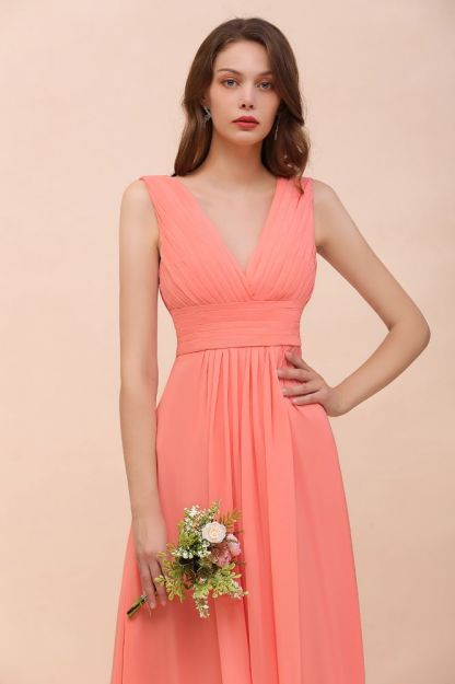 Coral V-Neck Aline Bridesmaid Dress Sleeveless Wedding Guest Dress