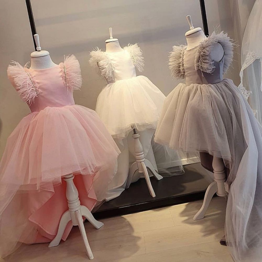 Pink Tulle High Low Flower Girl Dresses | Lovely White Cap Sleeves Little Girls Pageant Dresses