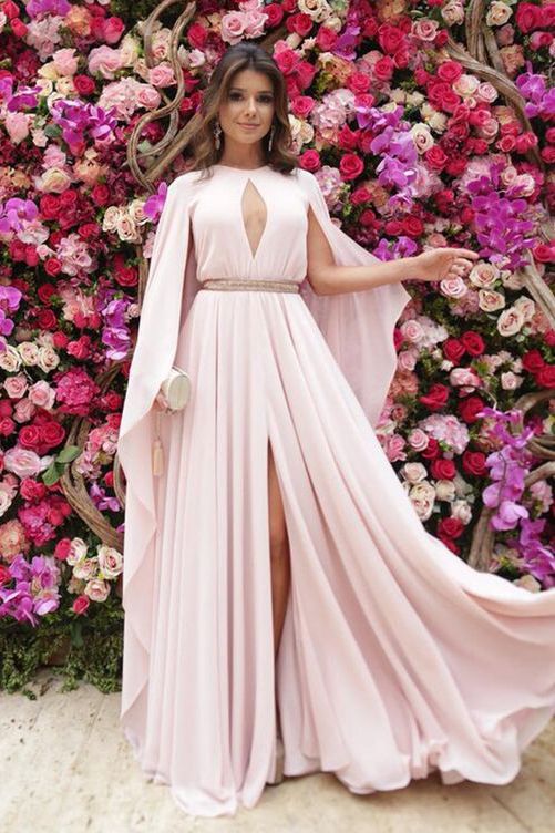Keyhole Chiffon High split A-line pleats Prom Dress with Shawl