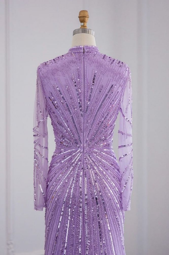 Elegant High Neck Long Sleeves Beading Mermaid Evening Gowns with Crystals Sash