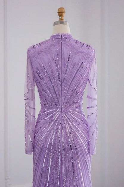 Elegant High Neck Long Sleeves Beading Mermaid Evening Gowns with Crystals Sash