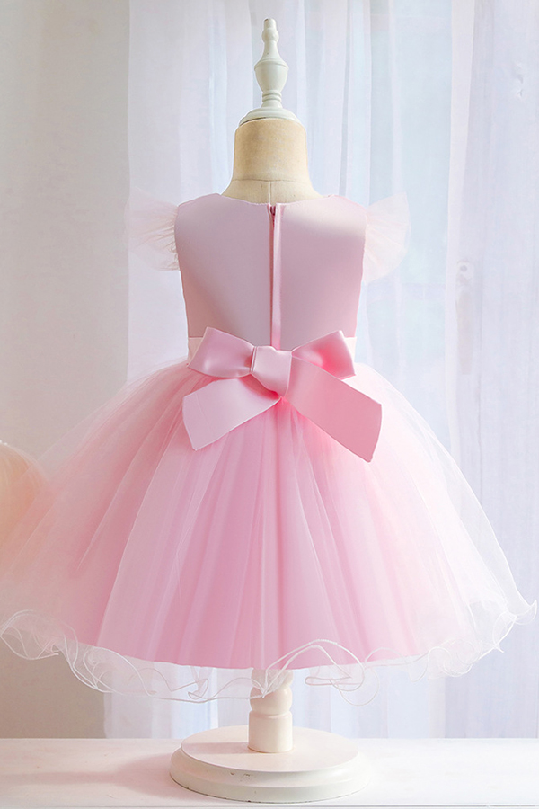 Pink sleeveless vneck a-line puffy princess flower gril dress