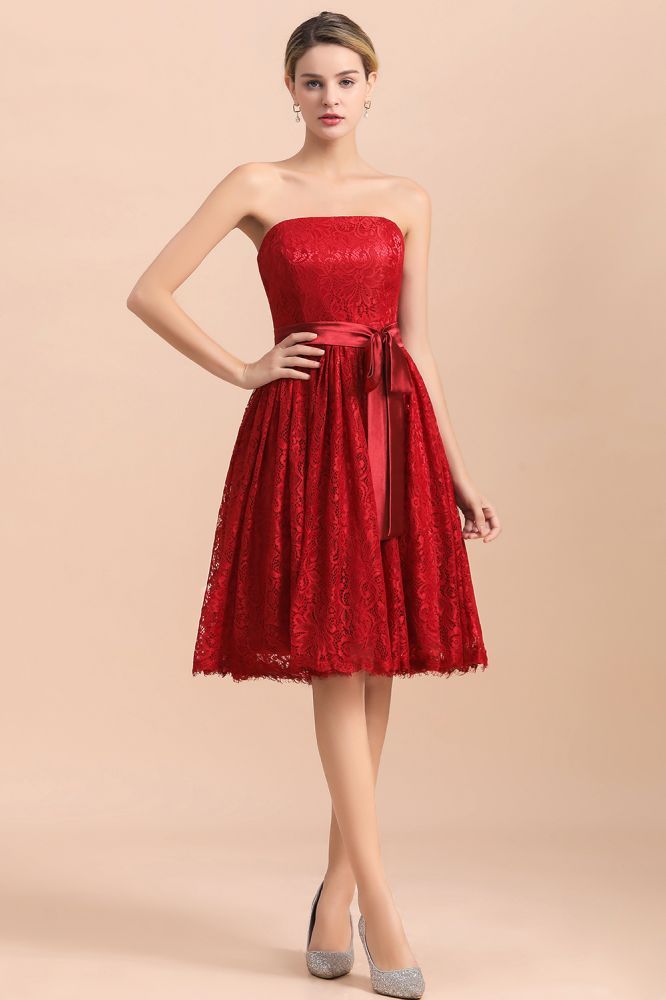 Strapless Red Evening Dress Satin Aline Wedding Guest Dress