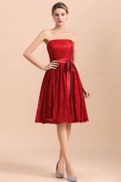 Strapless Red Evening Dress Satin Aline Wedding Guest Dress