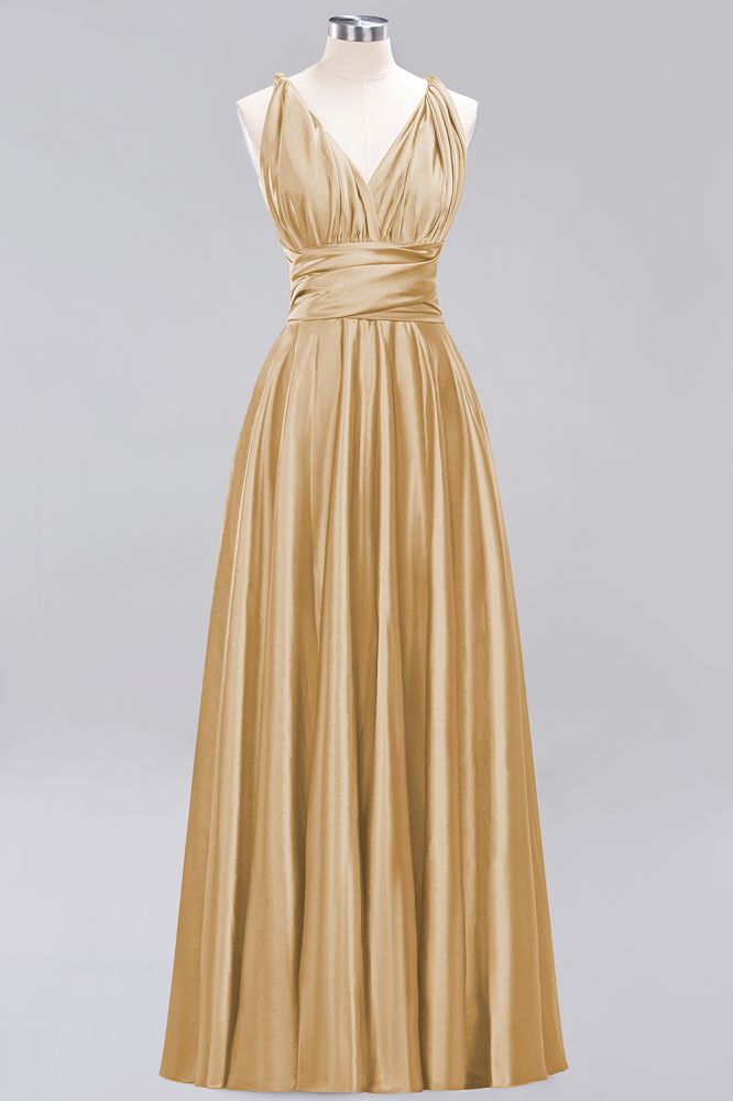 Simple A-Line V-Neck Sleeveless Floor Length Convertible Bridesmaid Dress with Ruffles