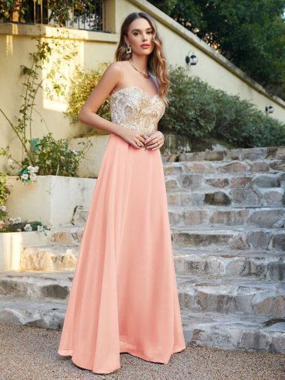 Sleeveless Lace Appliques Long Prom Dresses Chiffon Evening Party Gown