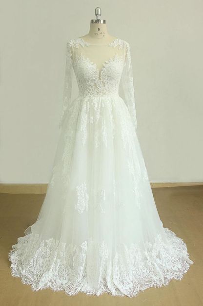 Long sleeves Illusion neck White Lace Wedding Dresses