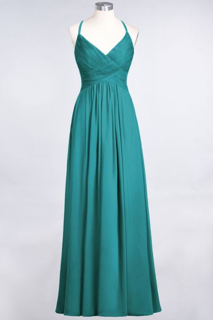 Chiffon A-Line Spaghetti-Straps V-Neck Sleeveless Long Bridesmaid Dress with Ruffles