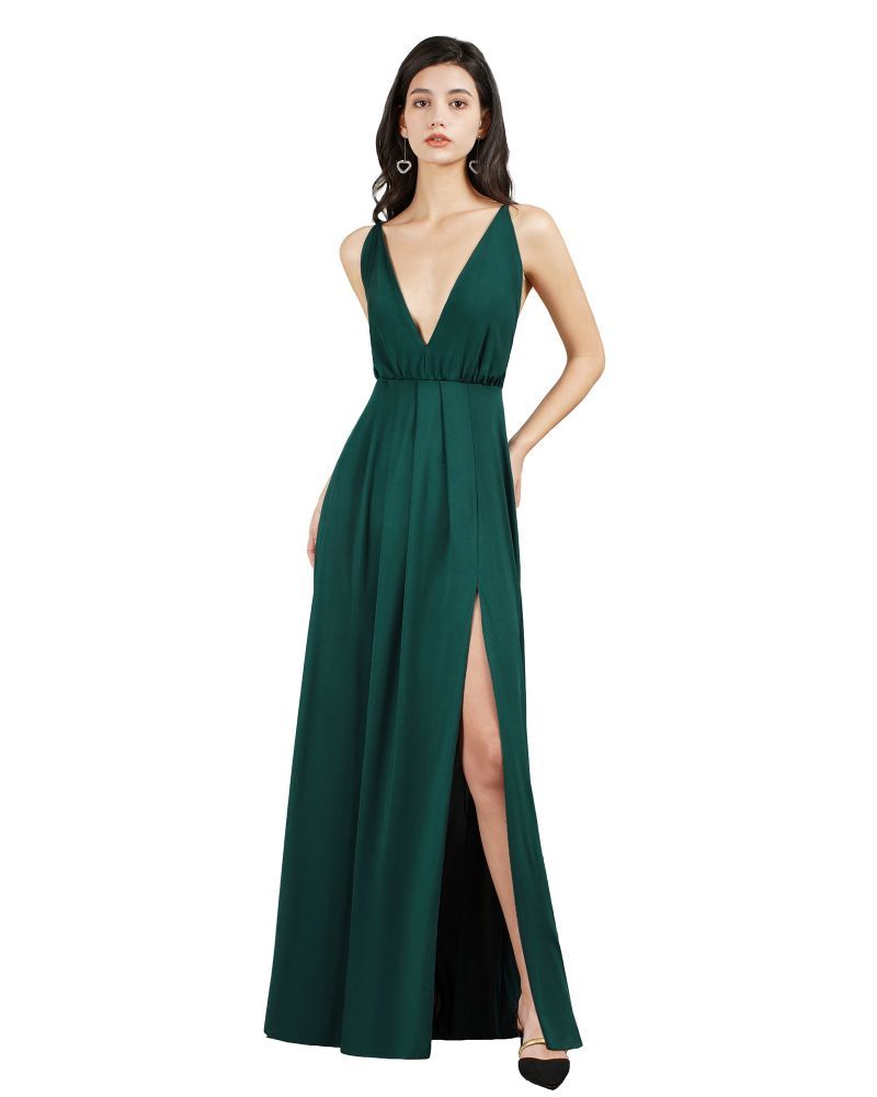 Sexy Plunging V-neck Criss-cross Back High split Spandex Prom Dresses