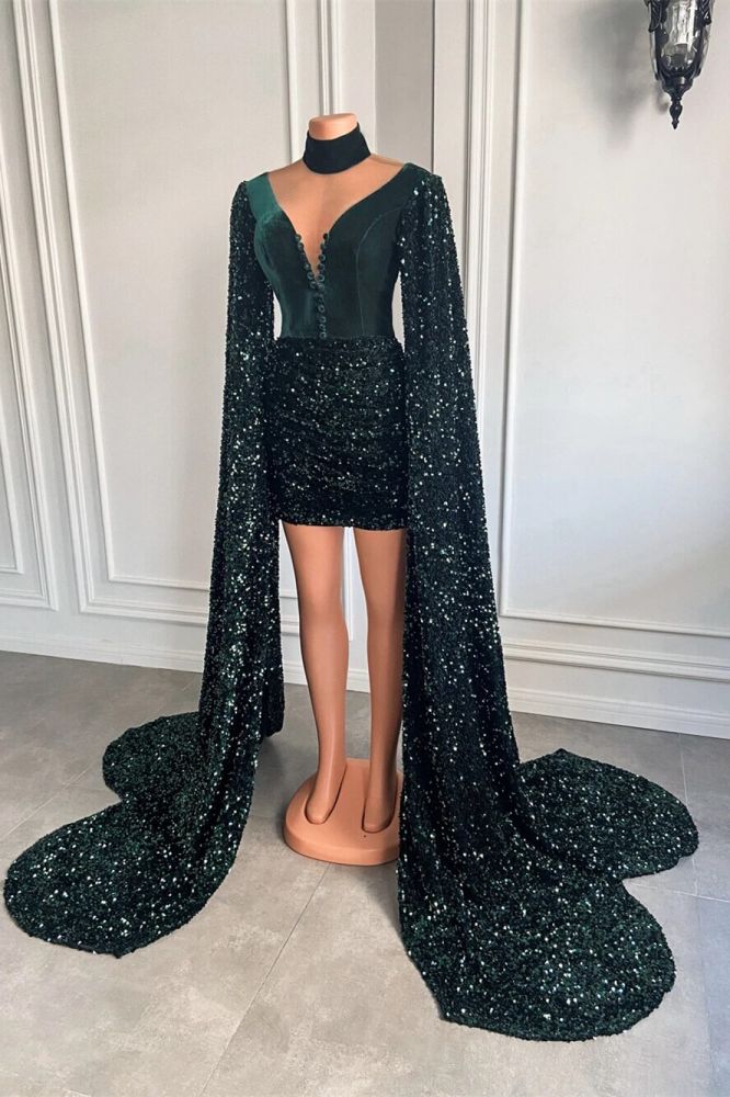 Dark Green Mini length Sequin Prom Dresses with cape