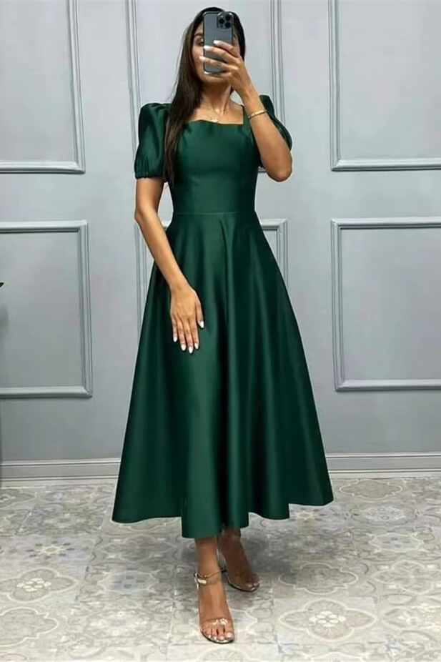 Square neck Half Sleeves Ankle Length Burgundy Prom Dresses