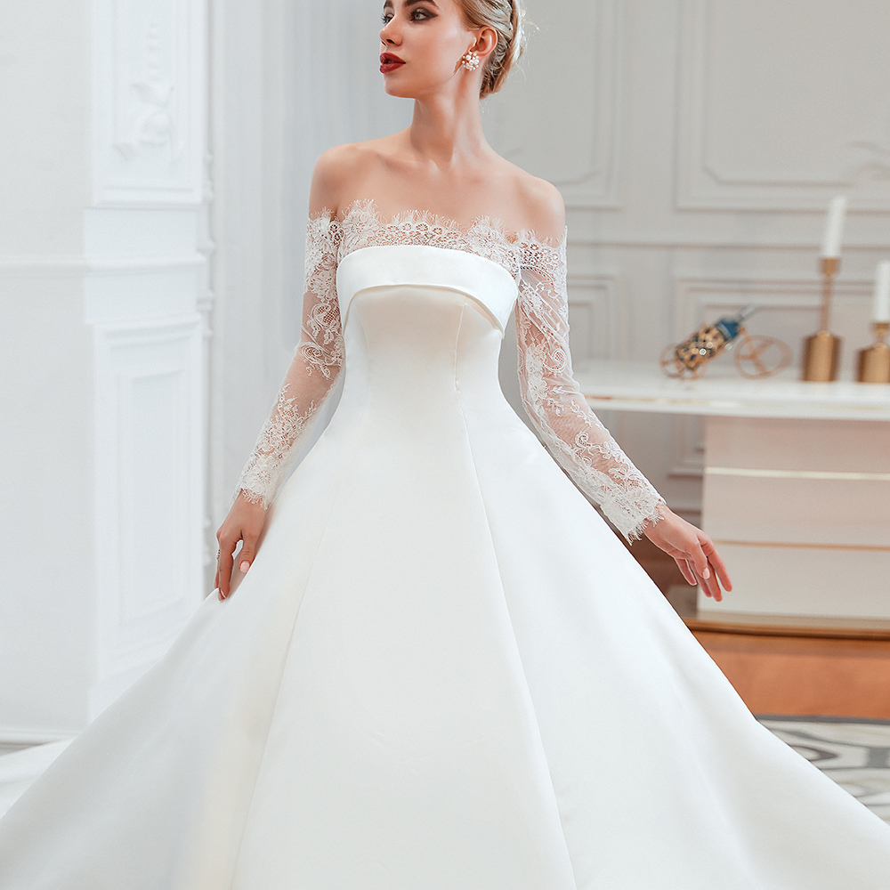 Romantic Lace Long Sleeves Princess Satin Wedding Dress | Princess Bridal Gowns with Cathedral Train