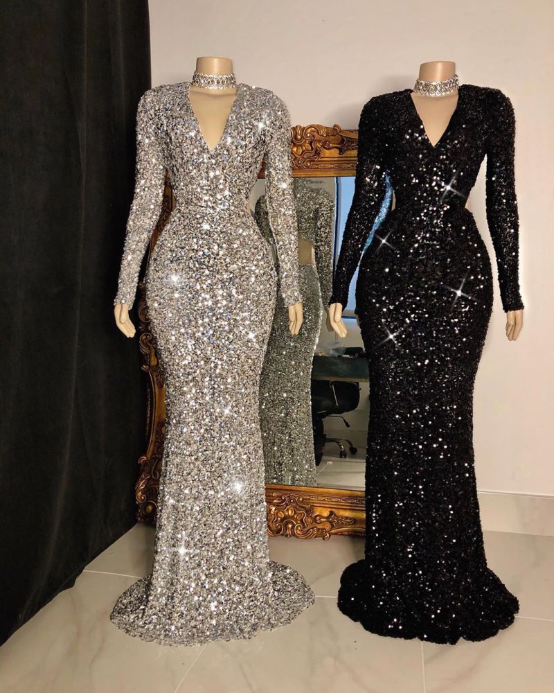 Glittering Crystal Sequins Long Sleeves V-neck Mermaid Prom Dresses