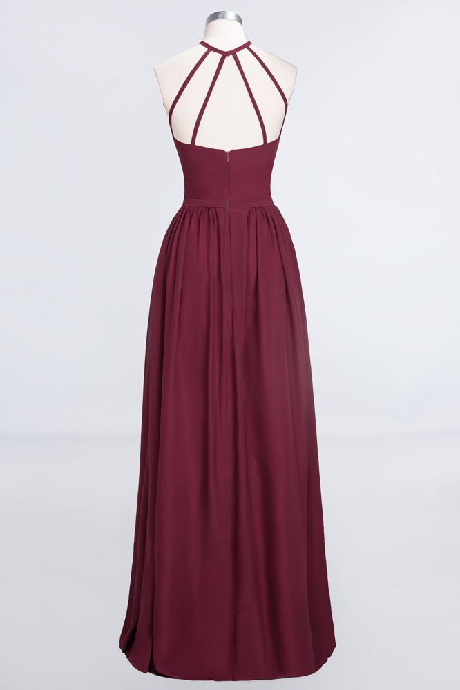 Chiffon A-Line Halter Sleeveless Long Bridesmaid Dress with Ruffles