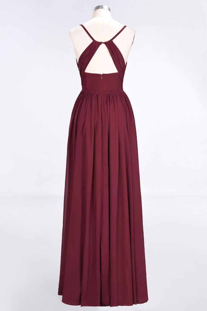 Chiffon A-Line Spaghetti-Straps V-Neck Sleeveless Long Bridesmaid Dress with Ruffles