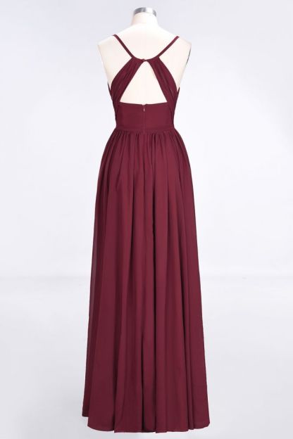 Chiffon A-Line Spaghetti-Straps V-Neck Sleeveless Long Bridesmaid Dress with Ruffles