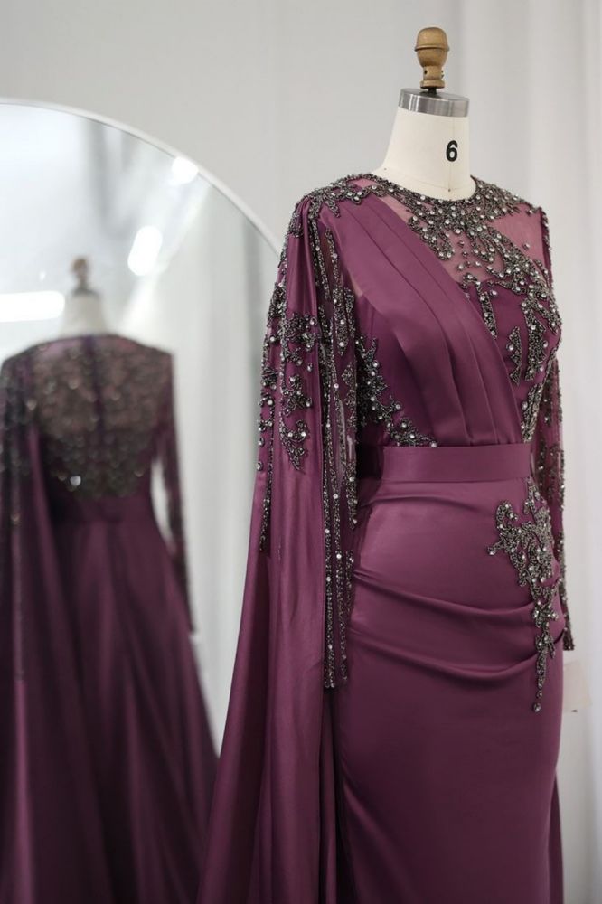 Gorgeous Long Sleeves Ruffle Satin Mermaid Evening Gown Dubai Formal Dress with Rhinstones Embellishments-Babyonlinewholesale
