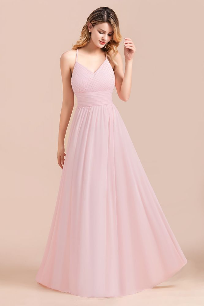 Romantic Spaghetti Straps Pink Chiffon Bridesmaid Dress Aline V-Neck Evening Swing Dress