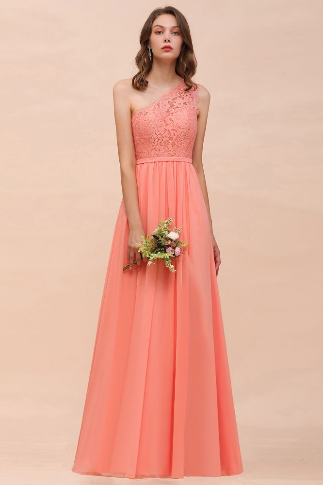 One Shoulder Floral Lace Aline Bridesmaid Dress with Side Slit