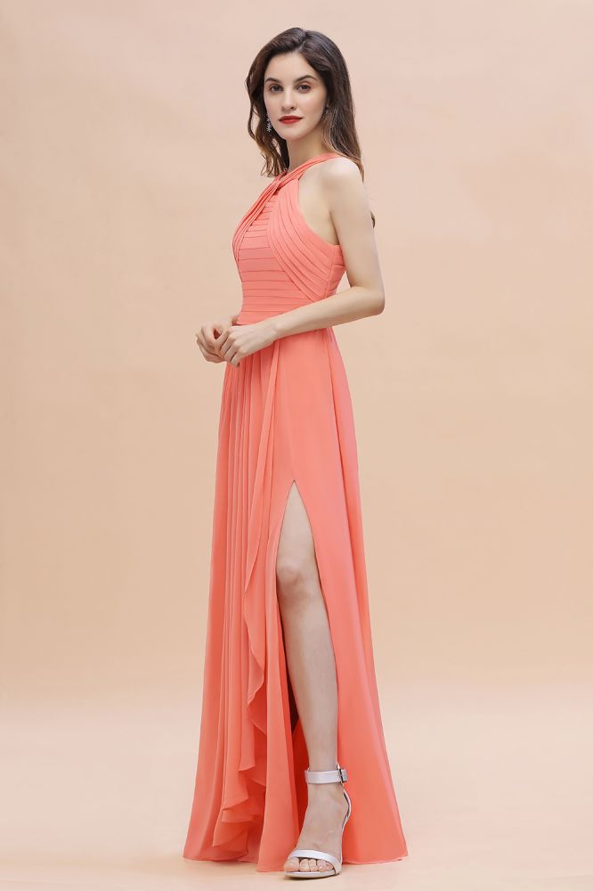 Cross Neck Chiffon Long Bridesmaid Dress Coral Beach Wedding Guest Dress