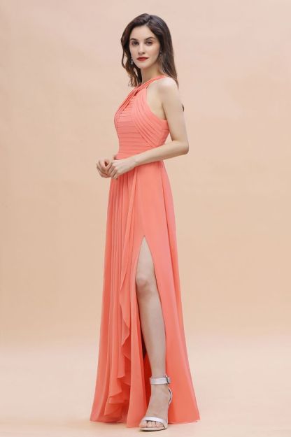 Cross Neck Chiffon Long Bridesmaid Dress Coral Beach Wedding Guest Dress