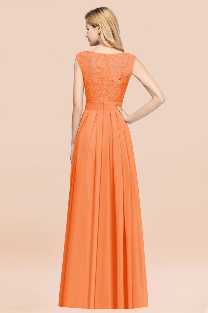 A-line Chiffon Lace Jewel Sleeveless Ruffles Floor-length Bridesmaid Dress