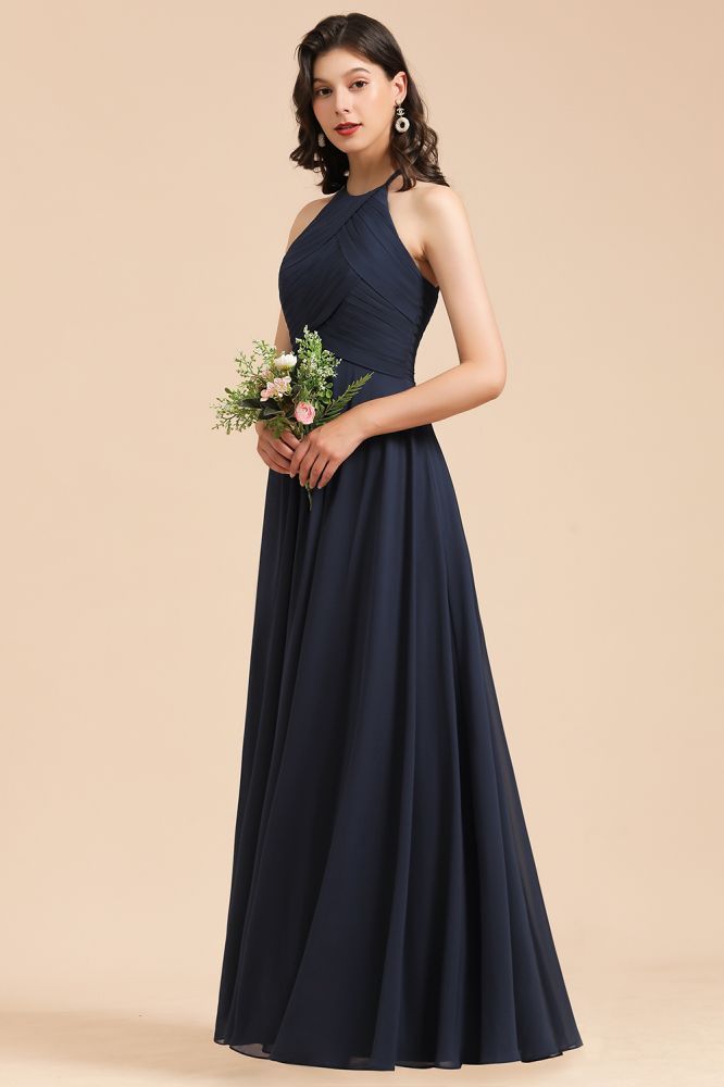 Halter Chiffon Long Evening Maxi Dress Sleeveless Pleated Wedding Guest Dress
