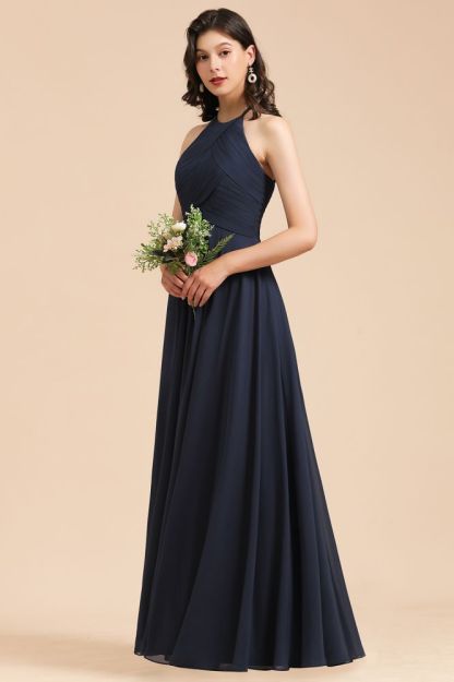 Halter Chiffon Long Evening Maxi Dress Sleeveless Pleated Wedding Guest Dress
