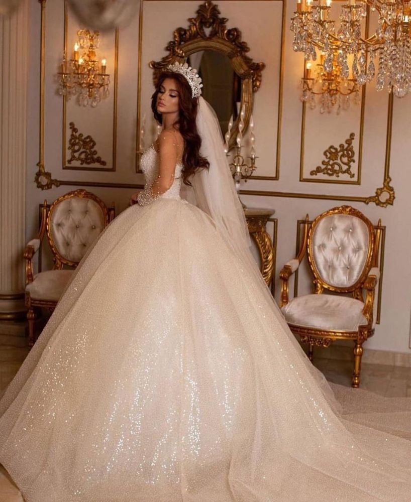 Luxury Sweetheart Sparkly Sequins Bridal Gown Long Sleeves