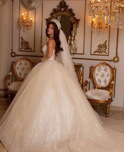 Luxury Sweetheart Sparkly Sequins Bridal Gown Long Sleeves