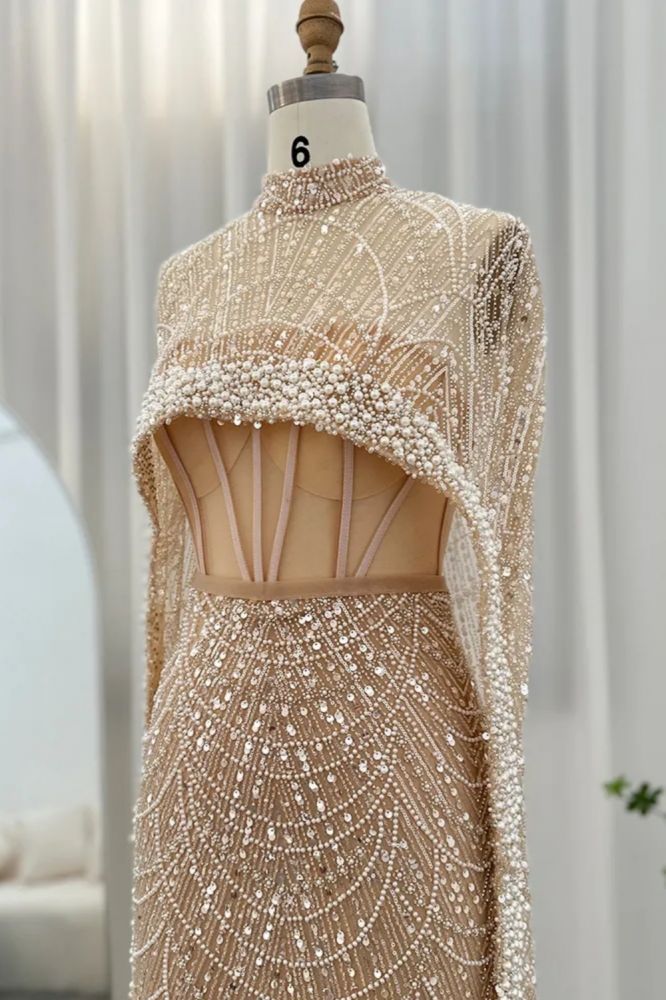 Gorgeous Champagne Cape Sleeves Mermaid Evening Dress Dubai See-through Pearls Party Dress