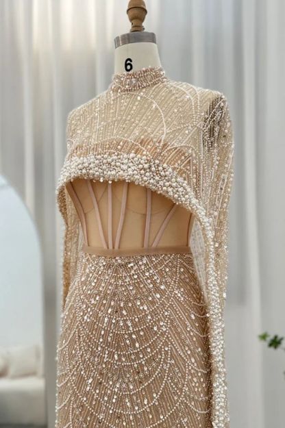 Gorgeous Champagne Cape Sleeves Mermaid Evening Dress Dubai See-through Pearls Party Dress