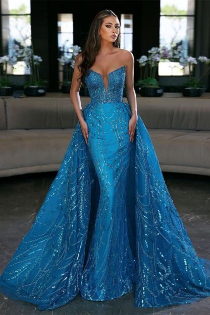 Blue Sequin Mermaid Sweetheart Prom Dresses with Overskirt
