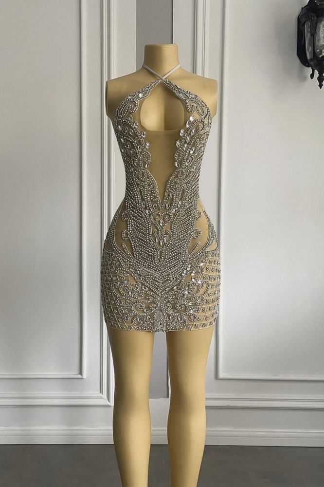 Sexy Halter Sleeveless Short Sheath Sequined Prom Dresses with Rhinestones