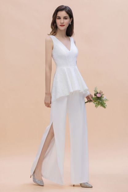 White V-Neck Jumpsuit Wedding with Side Slit