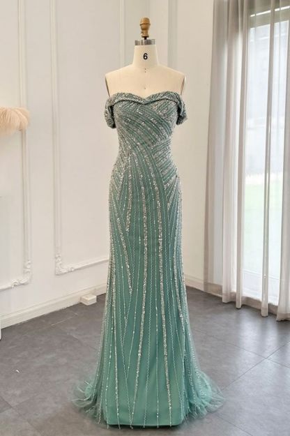 Charming Strapless Beading Mermaid Evening Dress Dubai Tulle Party Gown with Sweep Train