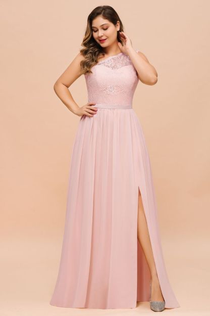 One shoulder Lace Aline Evening Dress Pink Bridesmaid Dress with Side Slit