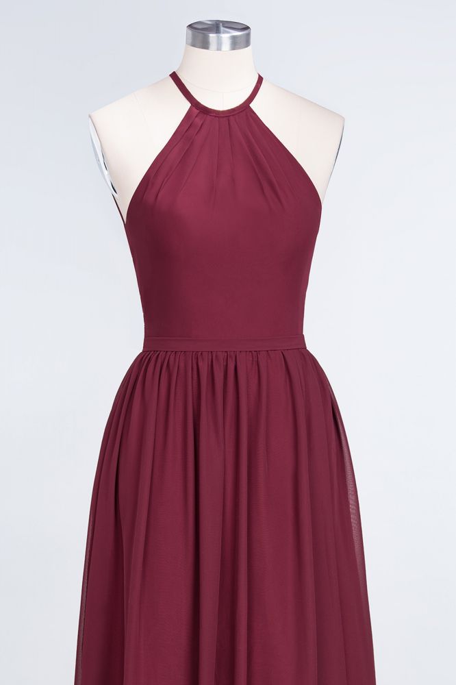 Chiffon A-Line Halter Sleeveless Long Bridesmaid Dress with Ruffles