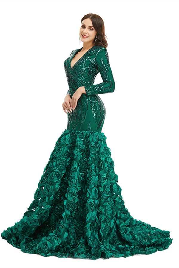 Charming Black V-neck Long Sleeves Lace Prom Dress