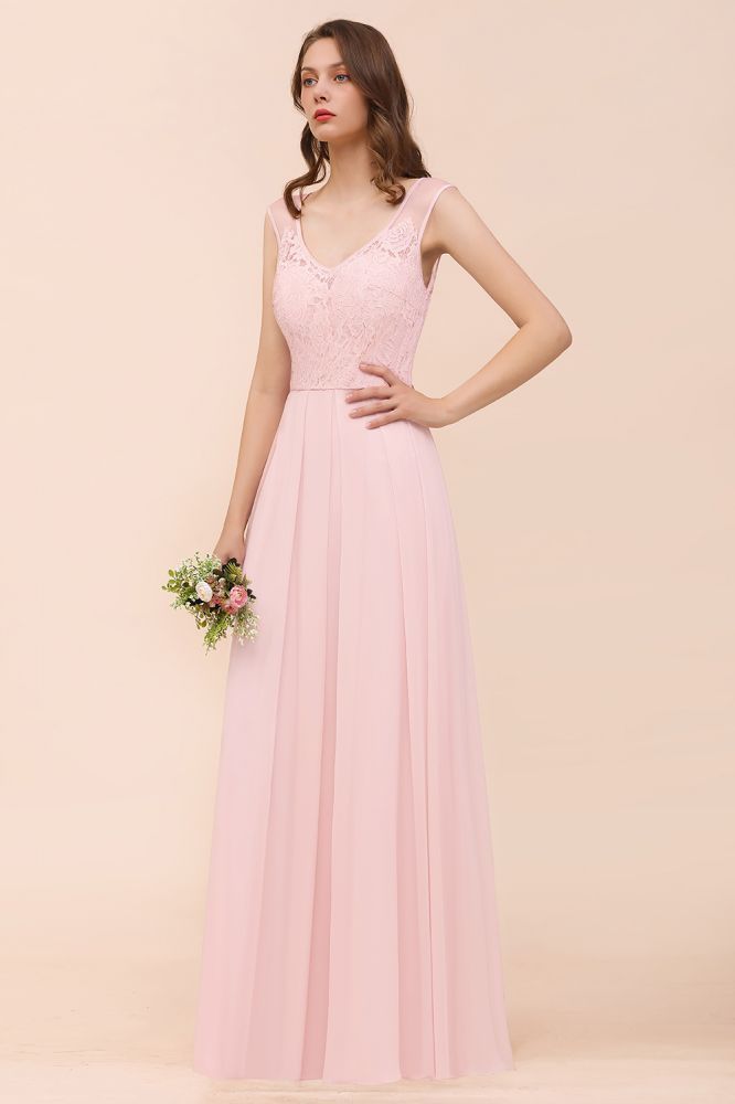 Romantic Sleeveless Lace Chiffon Wedding Guest Dress V-Neck Bridesmaid Dress