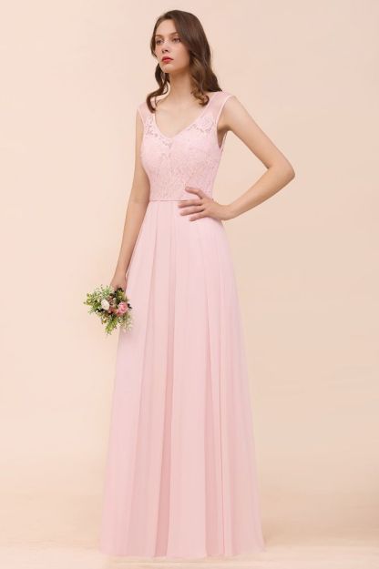 Romantic Sleeveless Lace Chiffon Wedding Guest Dress V-Neck Bridesmaid Dress