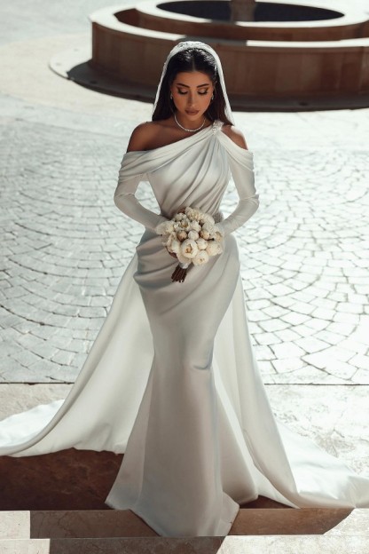 Floor Length Long Sleeves Satin Wedding Dress with Ruffles