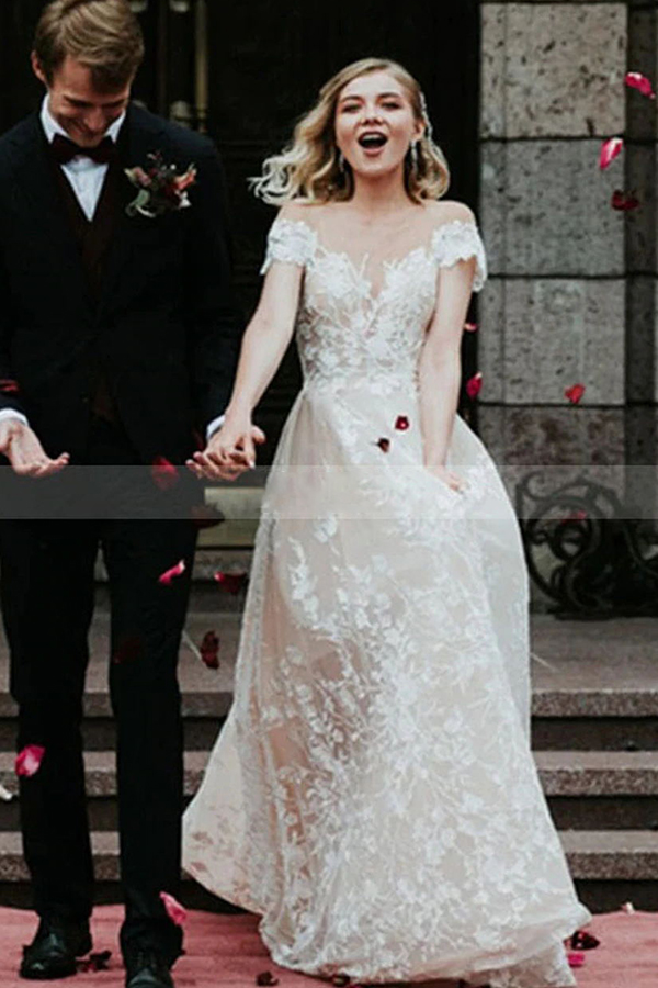 Charming Off Shoulder Floral Lace Bridal Gown Princess White Aline Wedding Dress