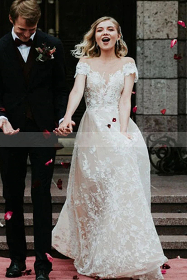 Charming Off Shoulder Floral Lace Bridal Gown Princess White Aline Wedding Dress