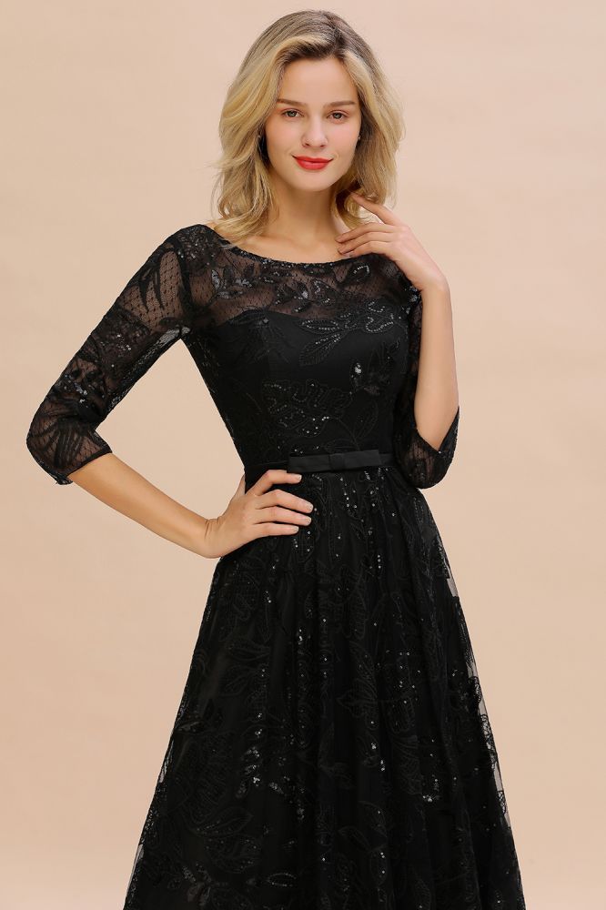 Acacia | Scoop neck Long Sleeves Black Prom Dresses with Sparkly Floral Designs