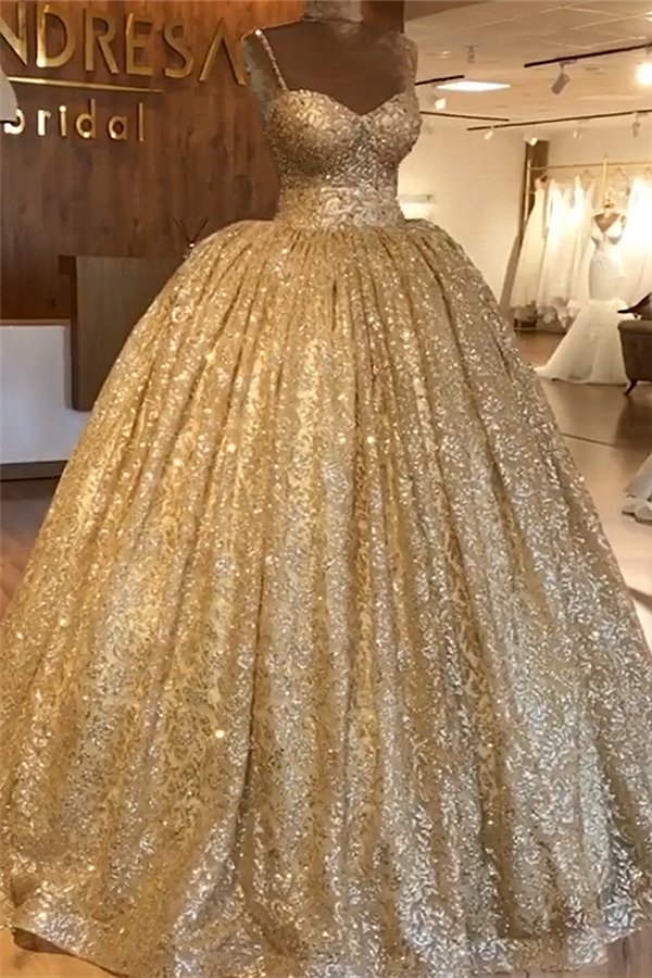 Spaghetti Straps Gold Beaded Lace Evening Dress | Luxury Ball Gown Princess Open Back Prom Dress