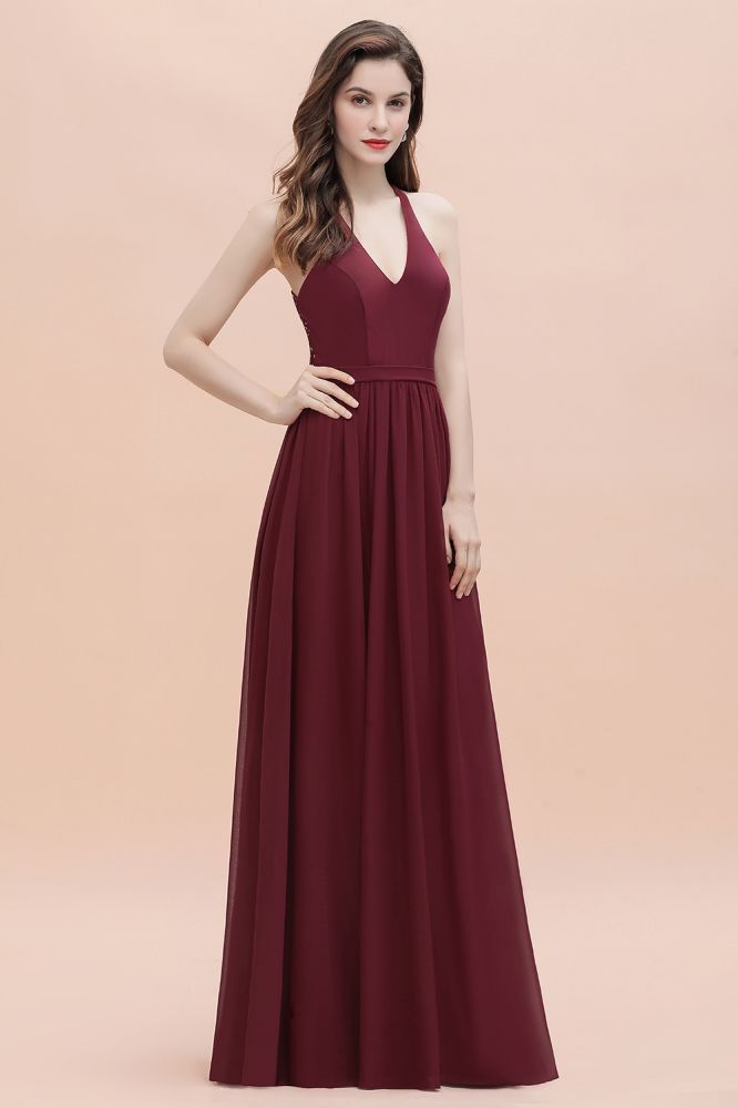 Burgundy Sleeveless V-neck Beaded Back Chiffon Bridesmaid Dress