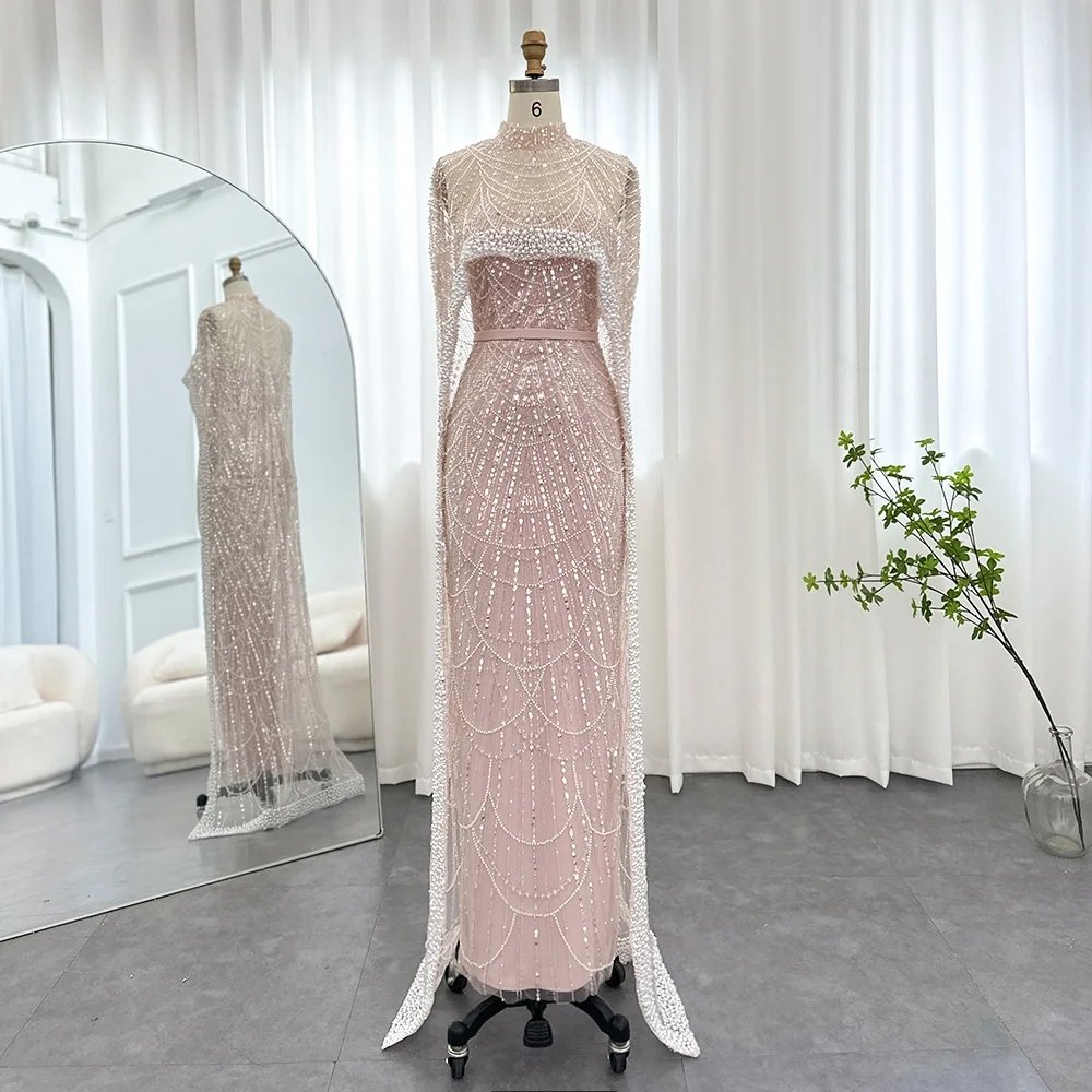 Luxury Pearls Dubai Mermaid Evening Dress with Cape Sleeves Seequined Floor Length Party Dress